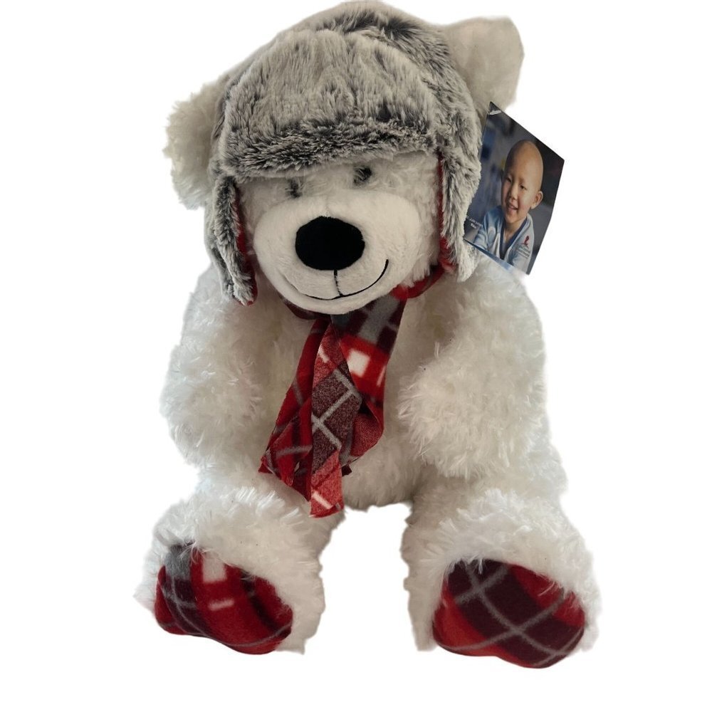 STJUDE White Polar Bear Plush Stuffed Animal Toy‎ Plaid Winter Scarf Size 18"
